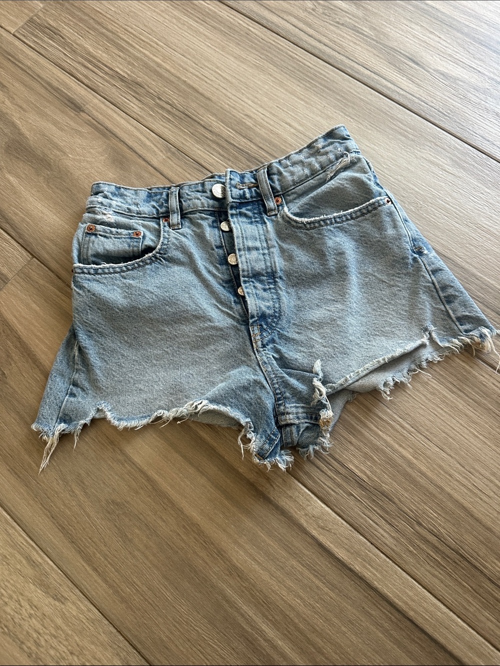 Zara Light Blue Button-Fly Distressed Denim Shorts